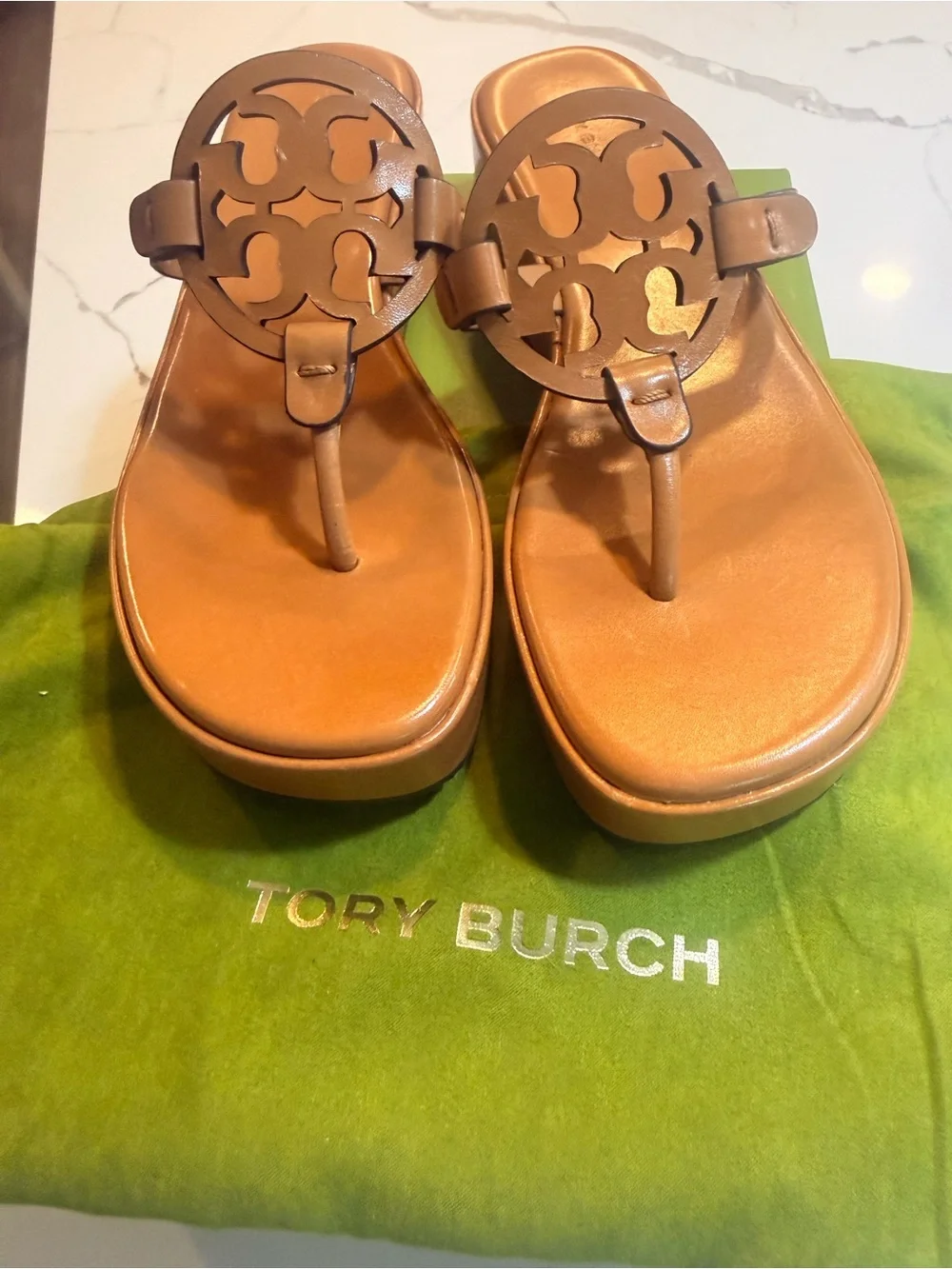Brand New Tory Burch Tan Leather Miller Platform Thong Sandals